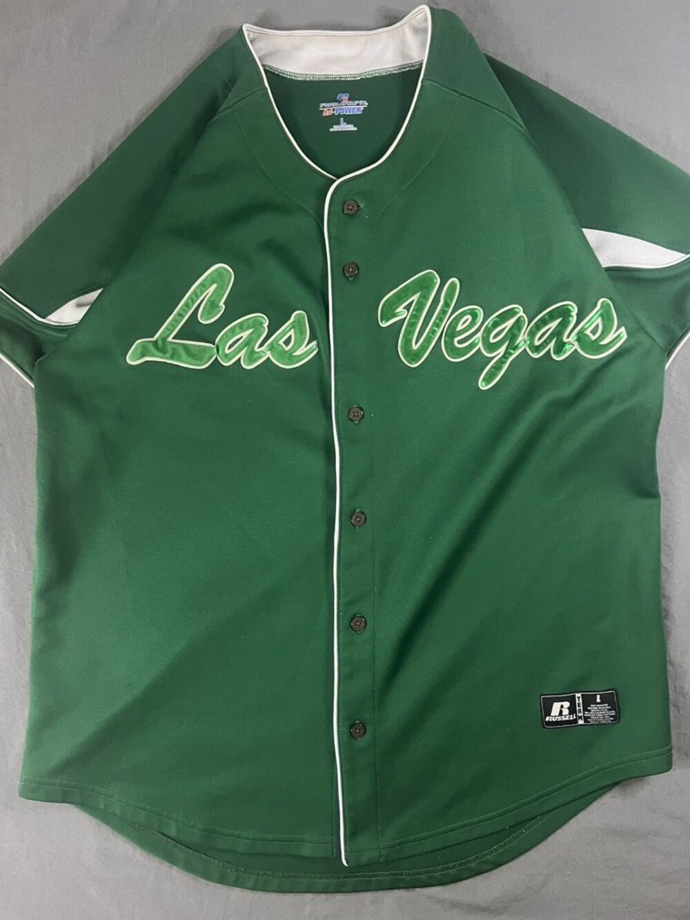 LAS VEGAS fully sewn button front Russell Athletic Baseball Jersey men's L Green